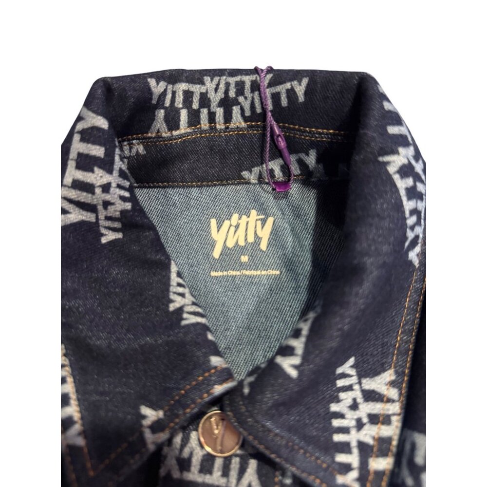 Yitty Womens Cropped Denim Jacket With Allover Logo Print & Button Front - Picture 6 of 12